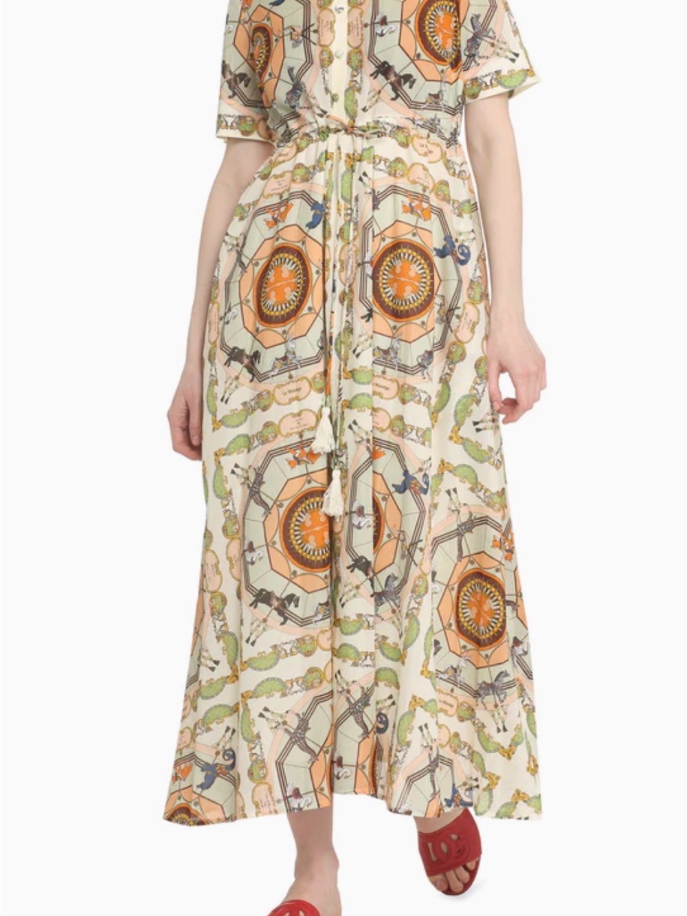 Tory Burch Cream and Orange Printed Button-Front Midi Dress